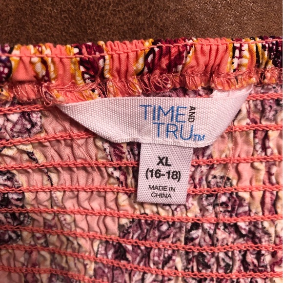 Time and Tru XL 16/18 Maxi Sleeve Dress Peach and Purple Floral Smocked - Picture 5 of 6